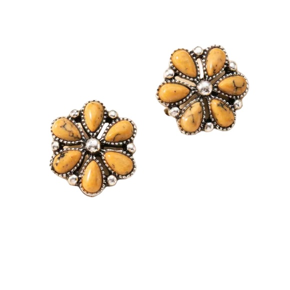Yellow Turquoise and Silver Flower Stud Earrings - Picture 5 of 5